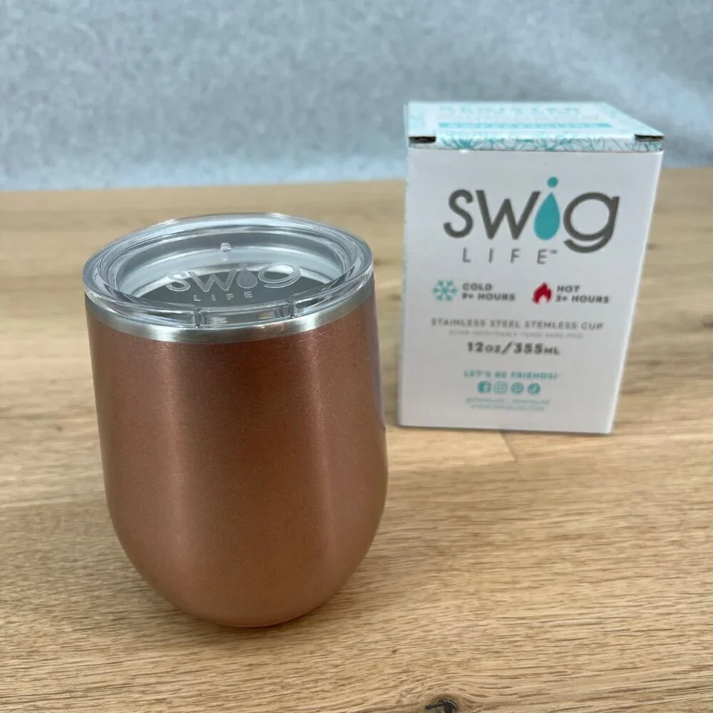 Swig Life Insulated Stemless Wine Cup 12oz Rose Gold with Lid Gift Camping NEW